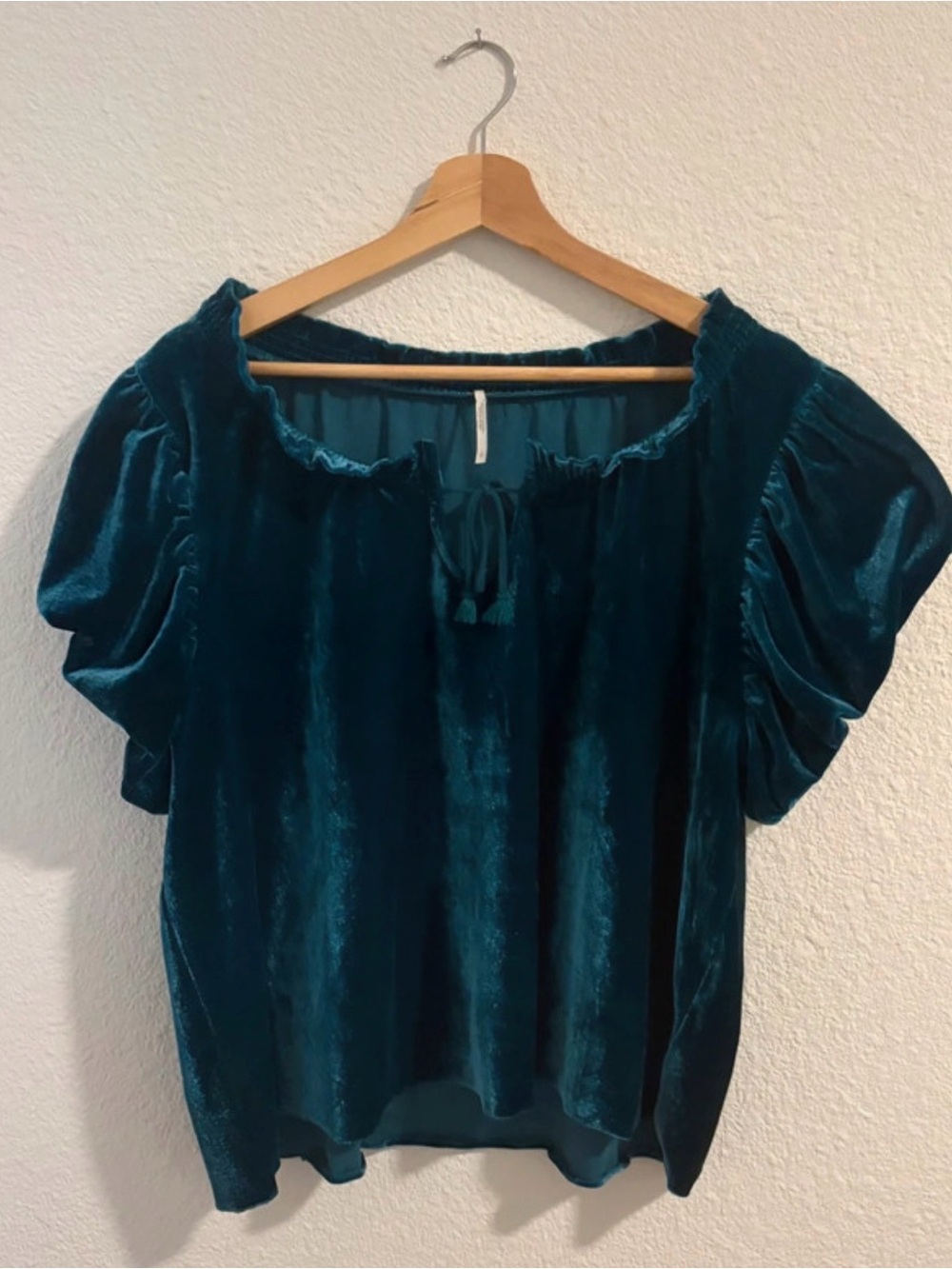 Free People Teal Velvet Puff-Sleeve Peasant Top